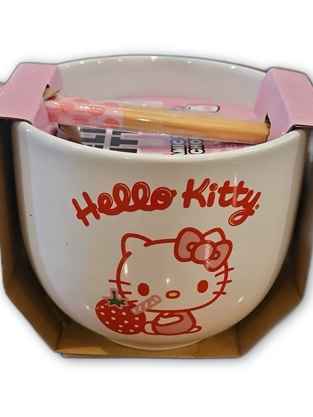 Sanrio Hello Kitty Ceramic Bowl Set w/ Chopsticks, 16 oz, Pink/White NIP